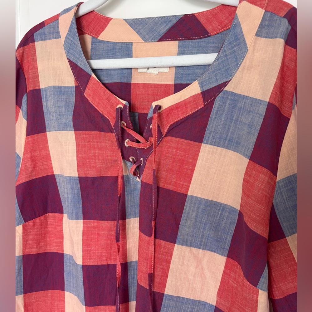 Plaid Lace Up 100% Cotton Boho Cottagecore Fall Flannel Long Sleeve Medium XL - Picture 5 of 8
